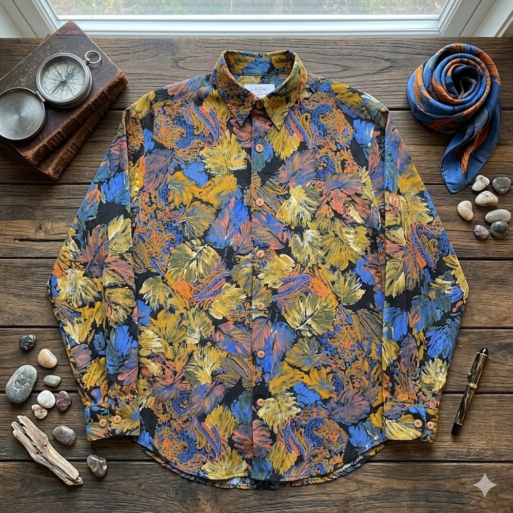 Tulliano 100% Rayon Button Down Shirt Large Yellow Blue Paisley Leaf Print